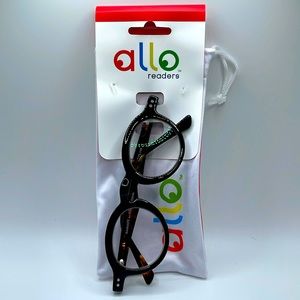 NWT. Allo 1.25 Readers. Black frames with tortoiseshell arms. Round lenses.